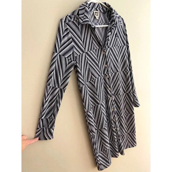 Anne Klein Navy/White Small Long Sleeve Button Down Geometric Print Dress - Picture 3 of 12